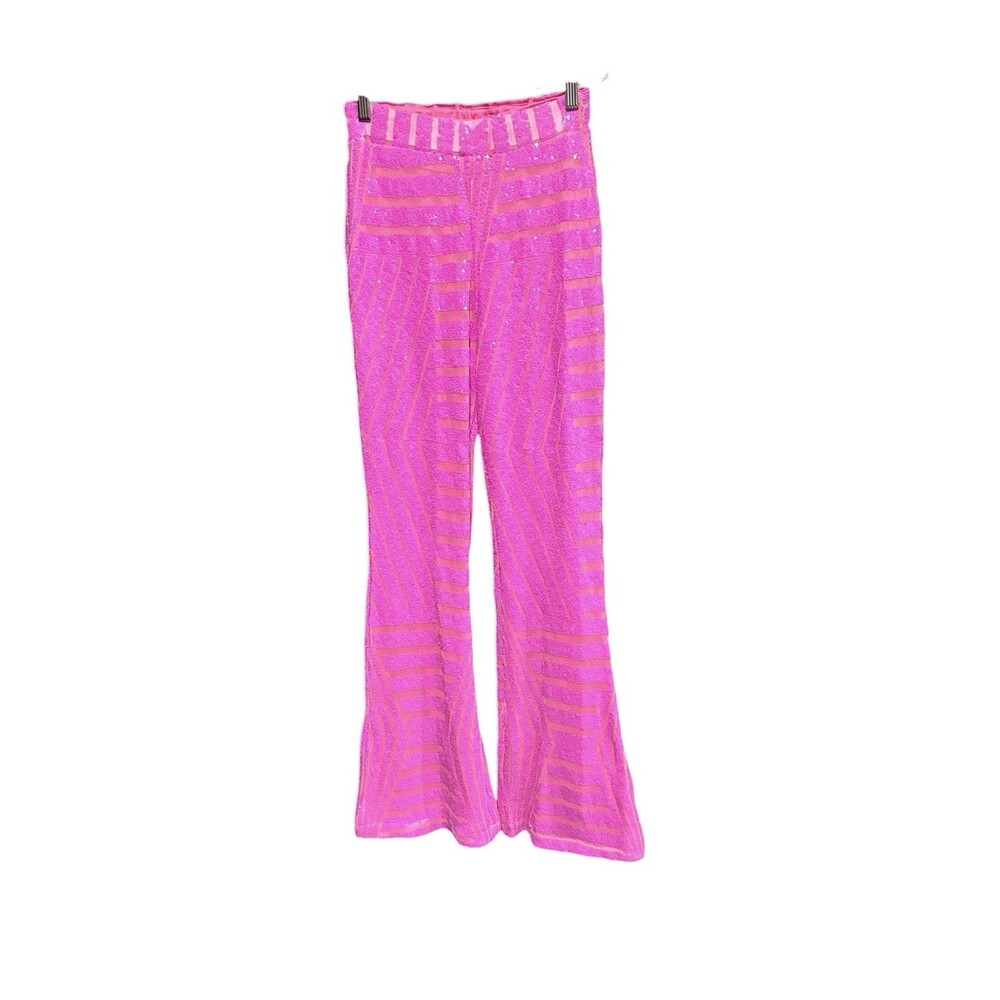 Unbranded Women’s Sequin Flared Leg Pants Pink Sparkle Size Small Festive Party